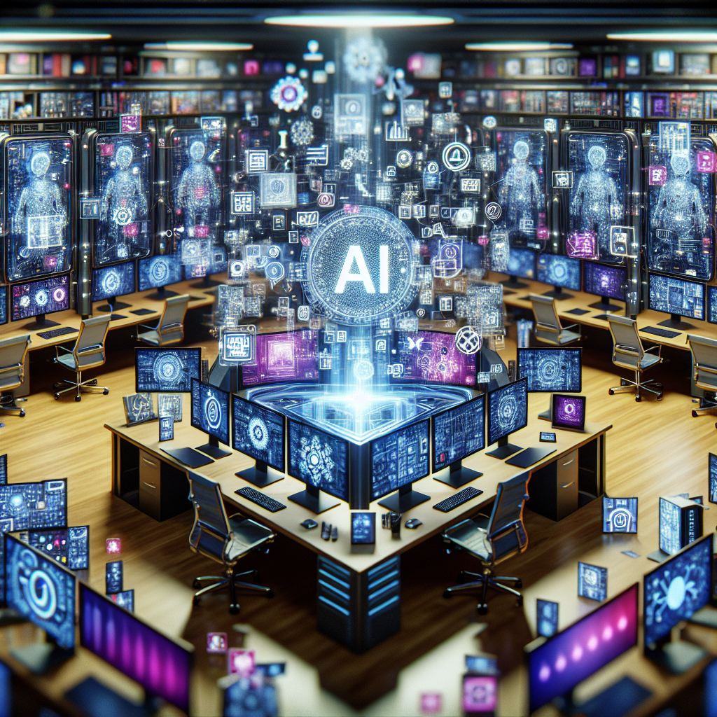 futuristic workspace filled with digital AI icons
